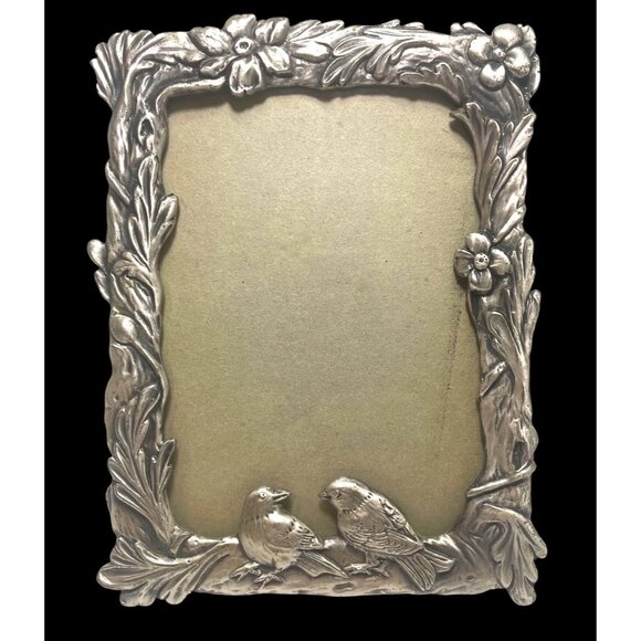 Silver Metal Picture Frame with Bird & Flower Design 3.5 by 5" - Picture 1 of 7